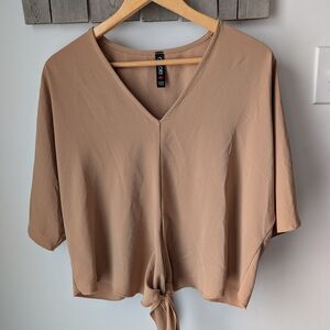 Elegant Tan V-Neck Tie-Front Blouse